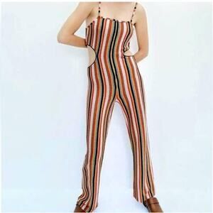 NEW Zara Terry Striped Cutout Flare Retro Jumpsuit Large